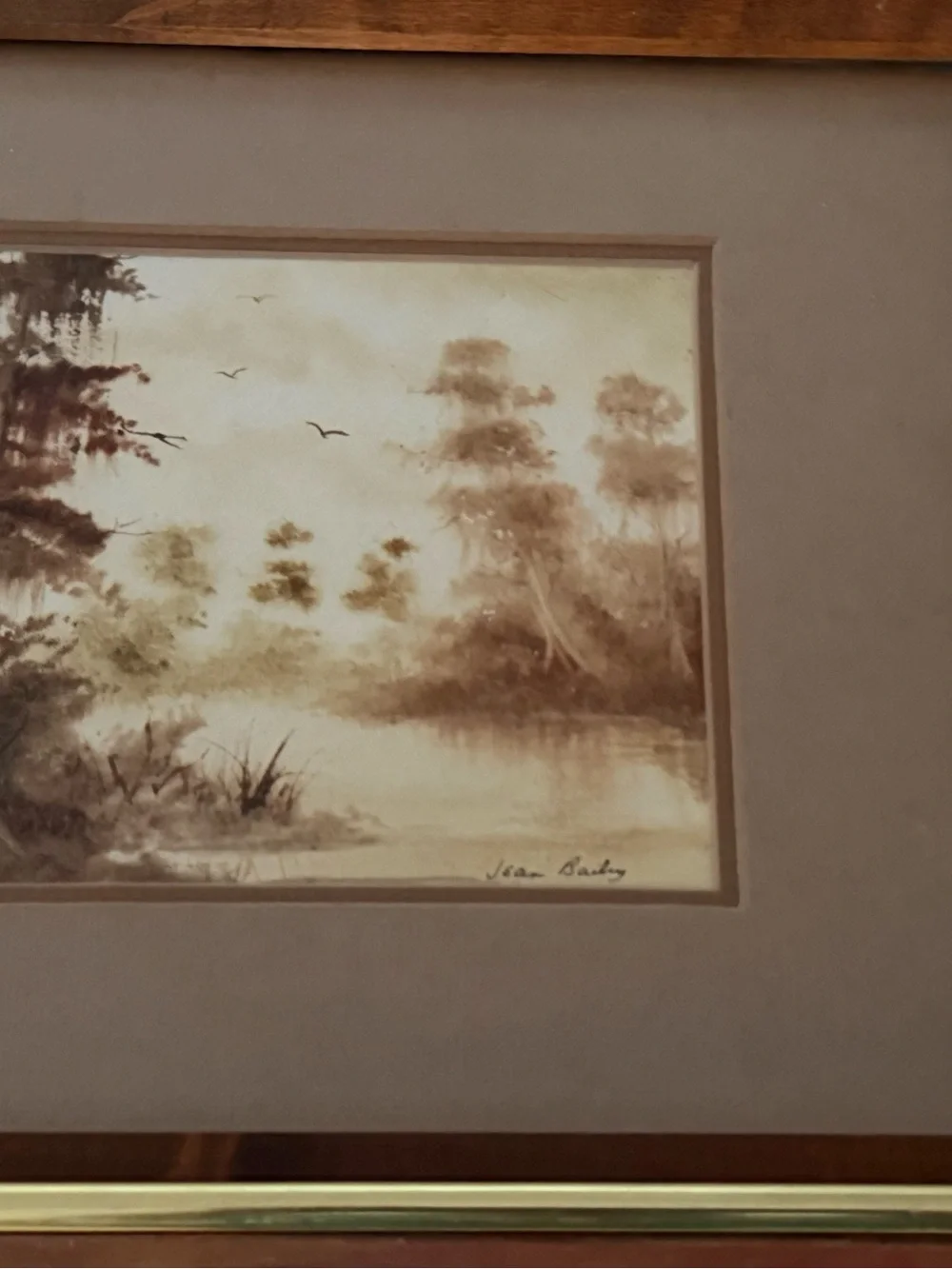 Framed Vintage Moody Landscape Sepia Watercolor in Brown and Gold Signed